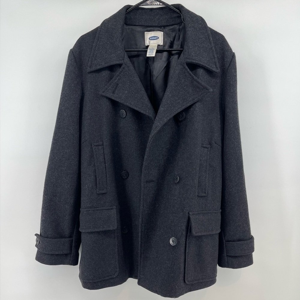 Old Navy Classic Charcoal Gray Peacoat Y2K Wool Warm Winter Womens Lapel Lg - Picture 9 of 10